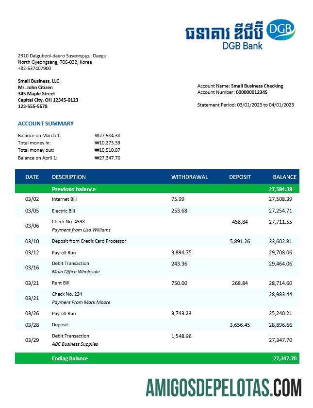 Em branco DGB Financial Group Business Bank Statement modelo Word e PDF